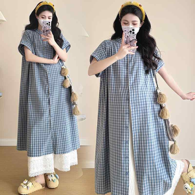 ワンピース マタニティ レディース 半袖 チェック柄 シャツワンピース セットアップ ヴィンテージ風 ルーズ リラックス感 カジュアル きれいめ ママ 妊婦 オールシーズン 普段使い 通勤用・カテゴリ: ワンピース・ネックライン: クルーネック・袖丈: 三分袖・素材: 綿、スパンデックス（混紡）・柄: 格子・スカート丈: ミモザ丈・カラー展開: 格子, ホワイト・サイズ展開: M, L, XL, XXL・スタイル: カジュアル・デザイン要素: ボタン・袖のタイプ: ドルマンスリーブ・スカートの形状: Aライン