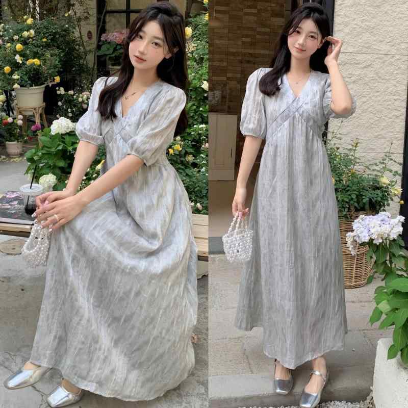 ワンピース マタニティ レディース グレー プリーツ ロング丈 半袖 膝丈 妊婦服 春...