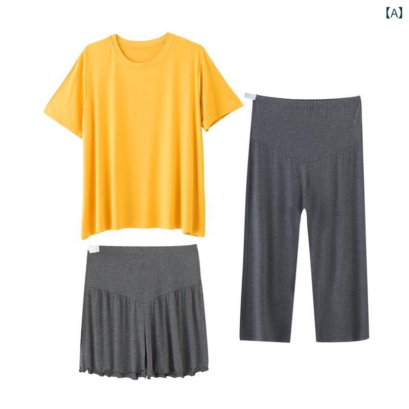 マタニティパジャマ レディース 再生繊維 半袖 ショートパンツ ロングパンツ ウエ...