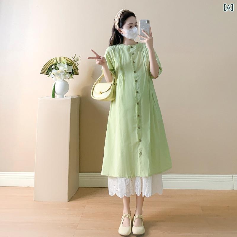 ワンピース マタニティ レディース 春夏 グリーン プリーツ フリル 重ね着風 膝丈 ...