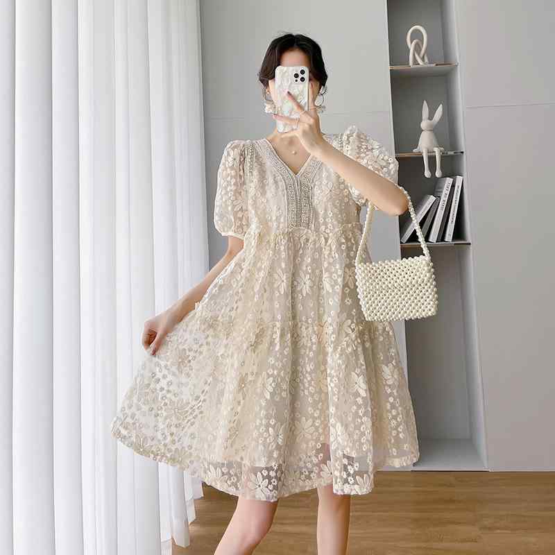 ワンピース レディース マタニティ 春夏 甘め Vネック ゆったり 大きいサイズ 透か...