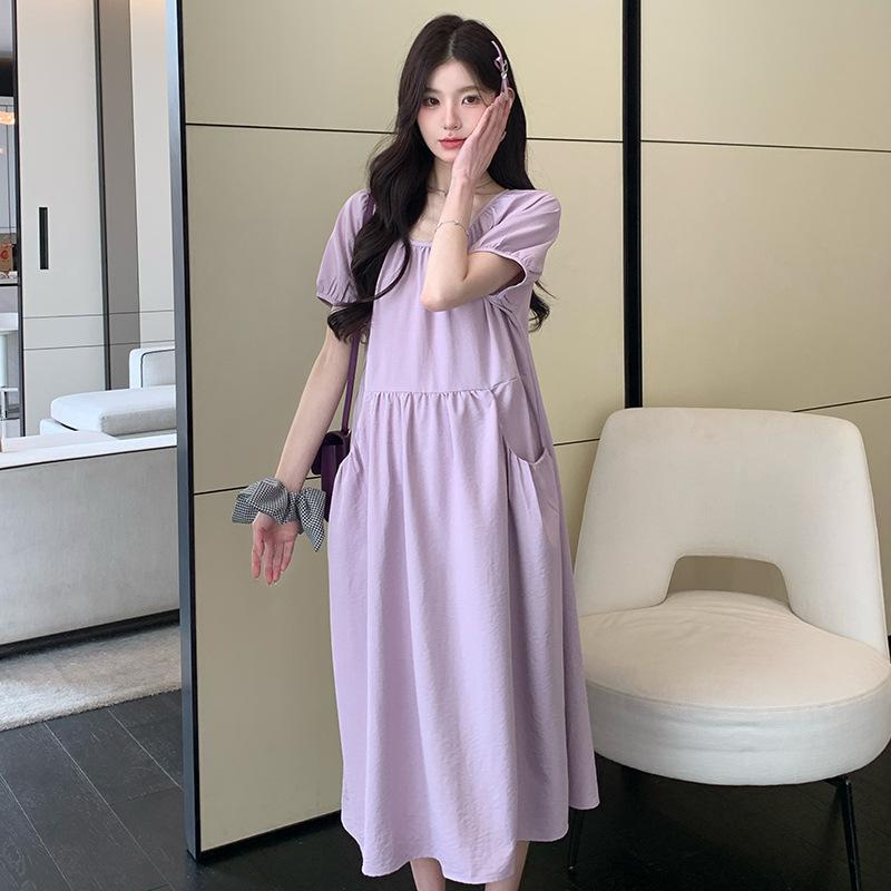 ワンピース レディース 妊婦服 マタニティドレス 紫 パープル 膝丈 袖なし ギャザ...