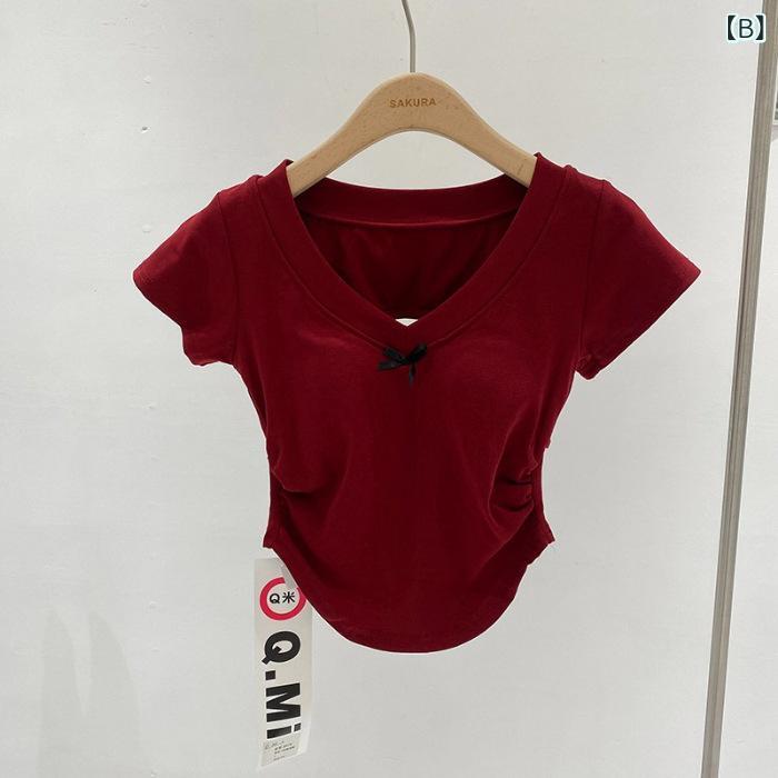 Tシャツ レディース Vネック リボン 蝶結び 切りっぱなし トップス 260g カットソー スリムフィット バックオープン カジュアル スイート セクシー おしゃれ putera-10332194 GRATIQUE MIEI サンプル画像2