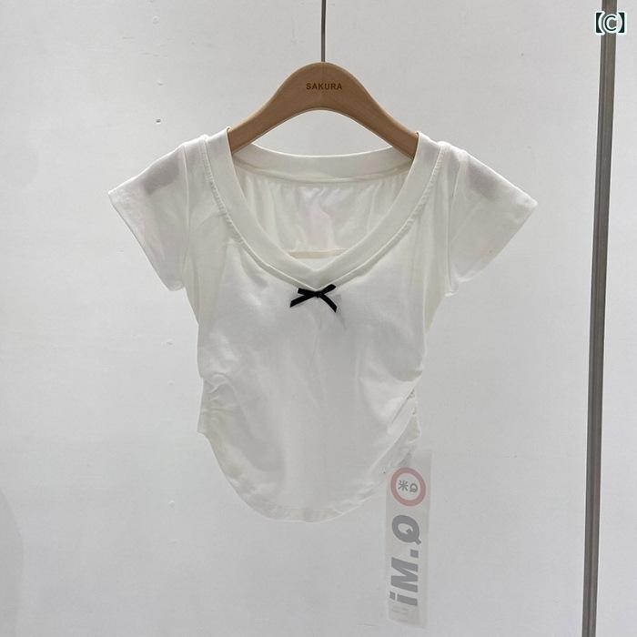 Tシャツ レディース Vネック リボン 蝶結び 切りっぱなし トップス 260g カットソー スリムフィット バックオープン カジュアル スイート セクシー おしゃれ putera-10332194 GRATIQUE MIEI サンプル画像3
