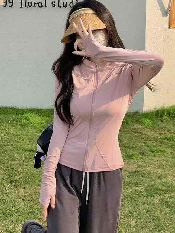 防晒服 レディース 接触冷感 スタンドカラー アウター 春夏 紫外線対策 通気性 運動着 ヨガウェア スリム フィット