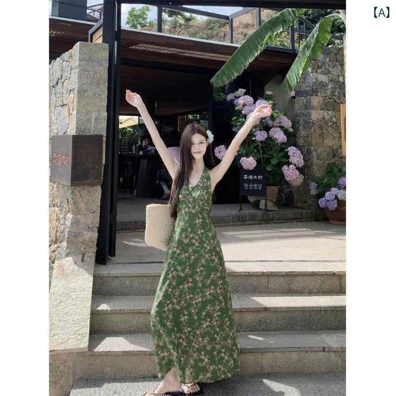 ワンピース レディース ロング丈 マキシ丈 ホルターネック キャミソール フレンチスタイル 緑 小花柄 ウエストマーク エレガント 上品 低身長向け きれいめ 大人かわいい フェミニン リゾート デート服 お出かけ カジュアル フレア putera-10335757 GRATIQUE MIEI サンプル画像2