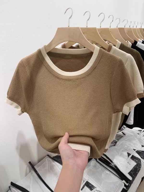 ニット レディース 半袖 ラウンドネック バイカラー フレンチ スリム 細見え トップス インナー 伸縮性 春夏 カジュアル 普段使い 通勤用 きれいめ おしゃれ シンプル 大人かわいい