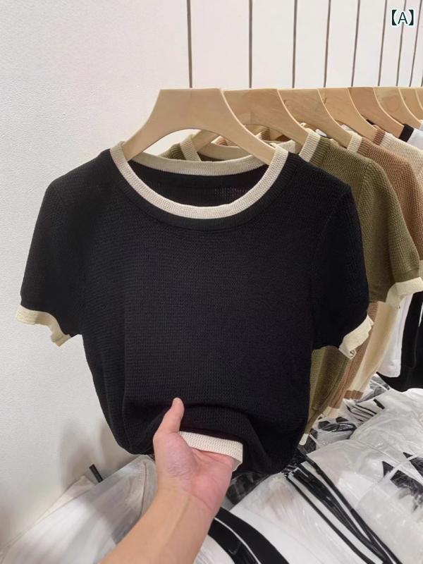 GRATIQUE MIEIのニット レディース 半袖 ラウンドネック バイカラー フレンチ スリム 細見え トップス インナー 伸縮性 春夏 カジュアル 普段使い 通勤用 きれいめ おしゃれ シンプル 大人かわいい｜アングル2