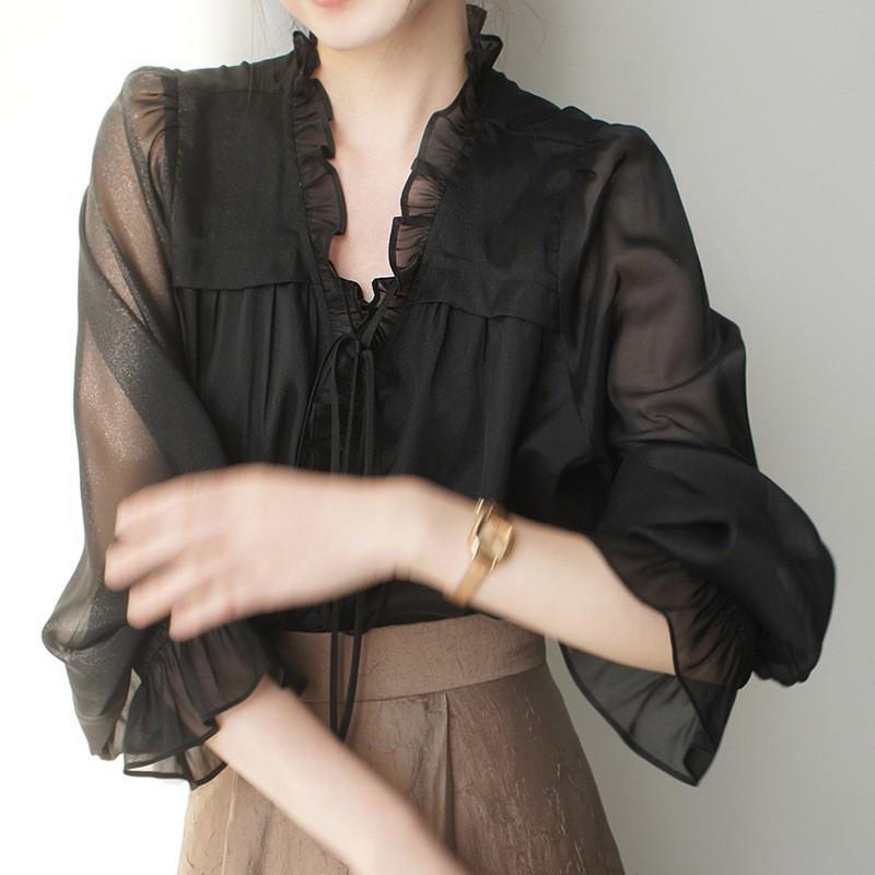 ブラウス レディース 春服 長袖 Vネック 透け感 フリル リボン ランタンスリーブ シフォン 重ね着 フェミニン エレガ…