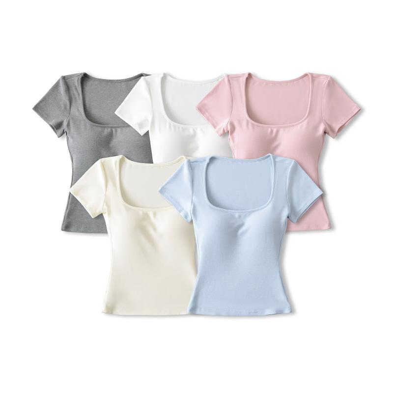 Tシャツ レディース 半袖 パッド付き 大ラウンドネック ショート丈 タイト スタイルアップ 無地 カジュアル トップス ショート丈 春夏["・素材: レーヨン", "・主な素材: ビスコース", "・混率素材: スパンデックス", "・柄: 無地", "・スタイル: プルオーバー", "・袖丈: 半袖", "・加工: ノーアイロン加工", "・フィット感: スリムフィット", "・着丈: ショート丈(40-50cm)", "・ネックライン: スクエアネック", "・袖のタイプ: スタンダード", "・トレンド: 無地", "・カラー展開: ピンク, ホワイト, ブルー, アプリコット, ライトグレー", "・サイズ展開: S, M, L", "・スタイル: ストリート", "・主な素材配合率: 95%以上", "・テイスト: 欧米風", "・テイスト: セクシー", "・カテゴリ: Tシャツ", "・混率素材配合率: 30%以下"]