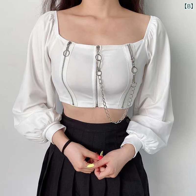 長袖Tシャツ レディース ダーク レトロ ヴィンテージ風 チェーン ファスナー スク...