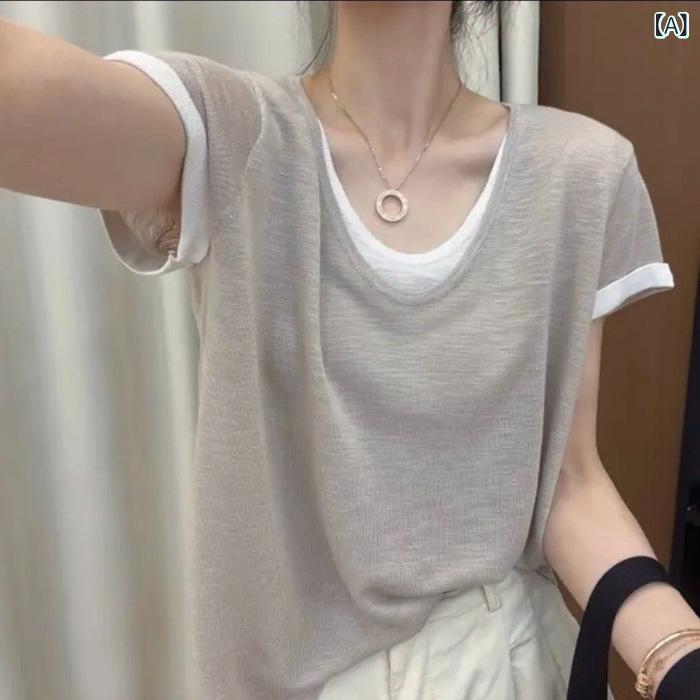 Tシャツ レディース カットソー Vネック フェイクレイヤード 切り替え バイカラー 半袖 トップス 普段着 カジュアル シンプル ジャストフィット・カテゴリ: Tシャツ・素材: ポリエステル・成分2: ポリウレタン・柄: 無地・スタイル: プルオーバー、通勤向け・袖丈: 半袖・工法: 切り替え・シルエット: ルーズフィット・着丈: 50～65cm・ネックライン: Vネック・袖のタイプ: 通常・流行要素: 配色・カラー展開: アプリコット（濃いめ）, ブラック, グレー・サイズ展開: M, L, XL, 2XL・主素材比率: 90～95%・成分2比率: 30%以下