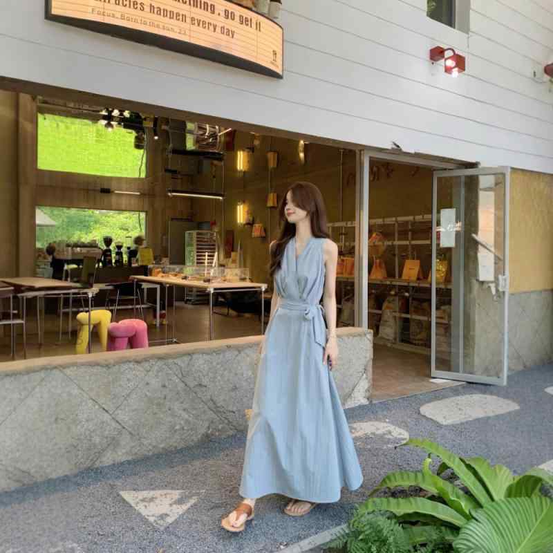 ワンピース レディース ノースリーブ ロング丈 フレンチカラー プリーツ リボン ウエストマーク 着痩せ 青 ブルー系 Aライン オールシーズン