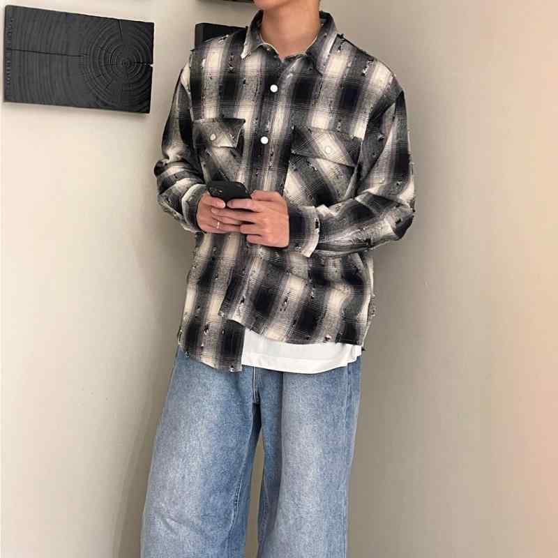 シャツ メンズ 長袖 格子柄 ダメージ加工 カジュアル トップス 春秋 ビッグシルエット ゆったり おしゃれ