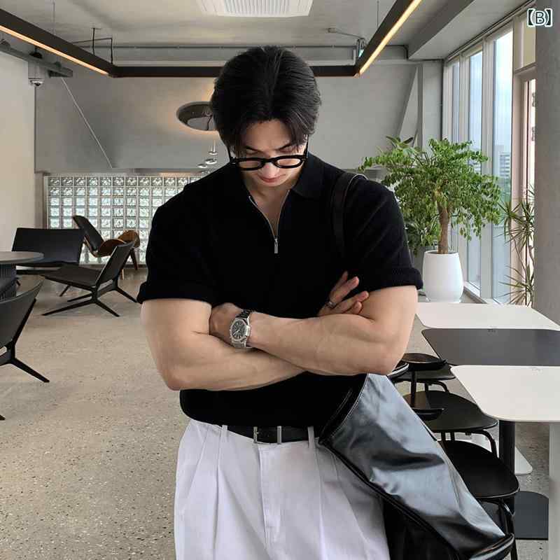 GRATIQUE MIEIのニット メンズ トップス 半袖 サマーニット 薄手 通気性 韓国風 おしゃれ きれいめ カジュアル クルーネック 無地 オールシーズン｜アングル3