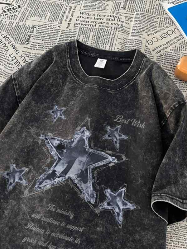 Tシャツ メンズ 半袖 五角星 星柄 ヴィンテージ風 ダメージ加工 ゆったり 重厚感 コットン アメリカンスタイル カジュアル トップス・スタイル: 港風・素材: 綿混・柄: カートゥーン・シルエット: ルーズ・対象者: 青少年・スタイル: プルオーバー・ネックライン: クルーネック・袖丈: 半袖・フード: なし・厚さ: 普通・生地名: 綿混・主な素材配合率: 30%以下・シーン: 日常・スタイル詳細: ステッチ・加工技術: ノーアイロン加工・カラー展開: ブラック, カーキ, ローズレッド, パープル・サイズ展開: M, L, XL, XXL, XXXL・カテゴリ: Tシャツ・袖型: レギュラー・重量: 180g-250g・対象年齢層: 大人・対象性別: 男性・製品カテゴリ: Tシャツ
