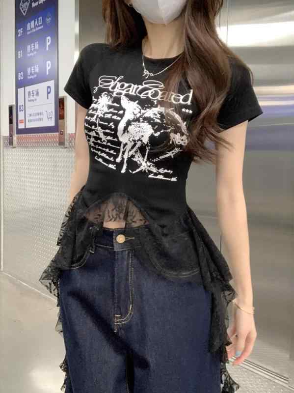Tシャツ レディース 半袖 トップス カットソー レース 切り替え スリム 着痩せ おしゃれ きれいめ カジュアル 不規則丈 春夏 putera-10353380 GRATIQUE MIEI パッケージ画像