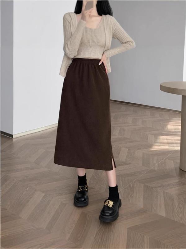 スカート レディース 秋冬 ハイウエスト ロングスカート ミモレ丈 体型カバー 細見え スリット入り カジュアル ゆったり 無地 シンプル オフィス 通勤 普段使い 伸縮性 柔らか素材 フェミニン 美脚効果 ボトムス エレガント