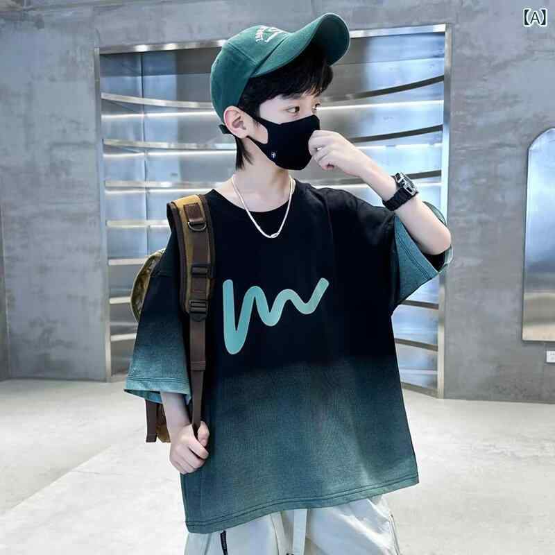 GRATIQUE MIEIのTシャツ 男の子 半袖 トップス グラデーション 丸首 ゆったり ストリート カジュアル 普段着 通学 学生 おしゃれ オールシーズン｜アングル2