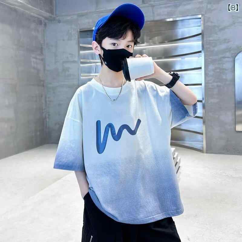 GRATIQUE MIEIのTシャツ 男の子 半袖 トップス グラデーション 丸首 ゆったり ストリート カジュアル 普段着 通学 学生 おしゃれ オールシーズン｜アングル3