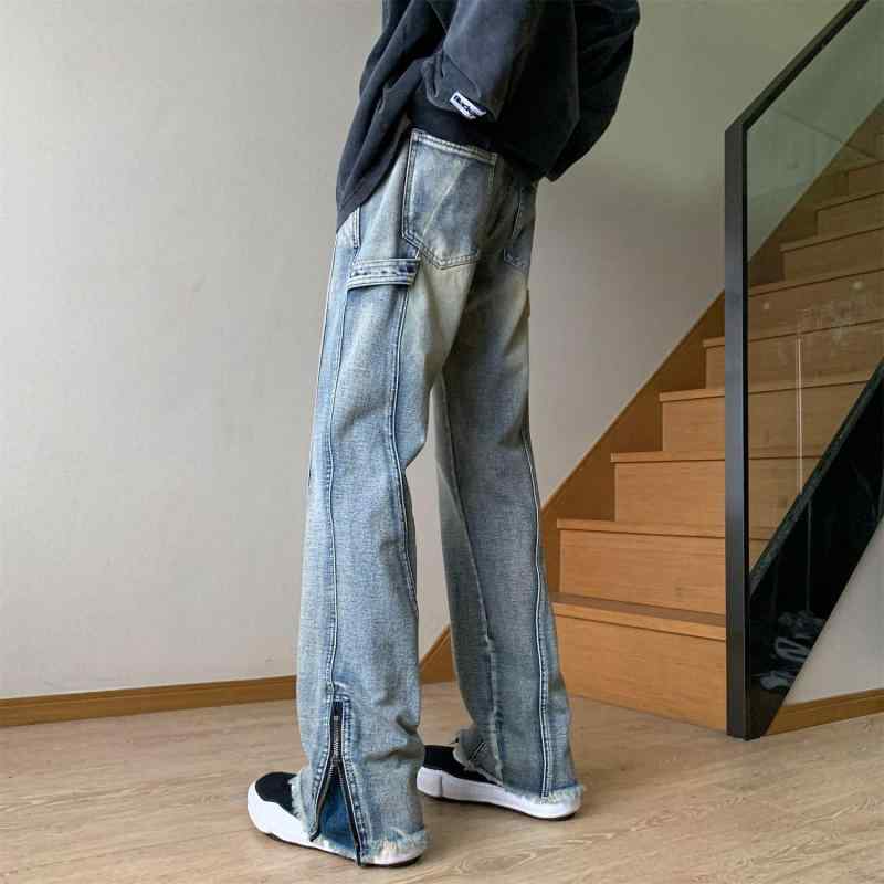 デニムパンツ メンズ ジーパン アメリカン ヴィンテージ風 ストレート ワイドパンツ ジッパー スリット 切りっぱなし フレアパンツ 裾フリンジ カジュアル ダンス 衣装 古着風 ストリート系・スタイル: 基本款・パンツ型: 宽松型・特殊加工: 水洗・パンツ丈: 長ズボン・腰型: 中腰・厚さ: 普通・対象: 青少年・生地名称: デニム・主素材: 綿・利用シーン: 日常・デザイン詳細: 纽扣装饰・伸縮性: なし・裾幅: 小直脚・カラー展開: 黄泥色,ブラック・サイズ展開: S,M,L,XL,2XL,3XL・洗浄加工: 水洗・対象年齢層: 成人・性別: 男性・製品カテゴリ: デニムパンツ