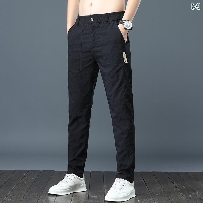 ロングパンツ メンズ スリム テーパード カジュアル スポーツ ワークパンツ 春夏 軽量 細身シルエット ストレッチ 動きやすい フィット感 履き心地 快適 通気性 アウトドア 普段着 オフィスカジュアル スタイリッシュ シンプル・スタイル: シンプル・パンツの種類: テーパードパンツ・丈: ロング丈・ウエスト: ミッドライズ・ベルト: ベルト付き・厚さ: 薄手・柄: 無地・素材: 粘土繊維62.1%、ナイロン33.1%、スパンデックス4.8%・シーン: デイリー・裾の形状: スキニー・加工: 形態安定加工・伸縮性: 微ストレッチ・素材機能: 通気性、高弾力・カラー展開: ブラック、ライトグリーン、グレー・サイズ展開: 28（ウエスト66.66cm）、29（ウエスト66.66cm）、30（ウエスト66.66cm）、31（ウエスト66.66cm）、32（ウエスト66.66cm）、33（ウエスト66.66cm）、34（ウエスト66.66cm）、36（ウエスト66.66cm）、38（ウエスト66.66cm）・対象年代: 大人・性別: メンズ・カテゴリ: スポーツカジュアルパンツ