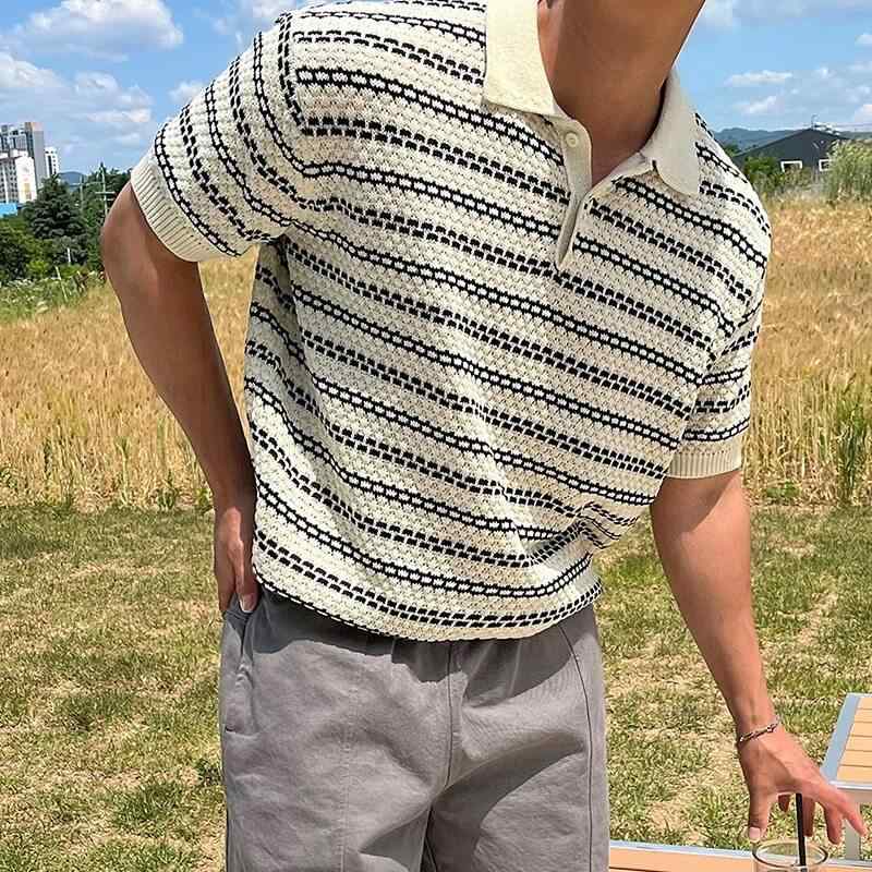 ポロシャツ メンズ 男性用 ストライプ柄 襟付き 半袖 Tシャツ クールビズ カジュアル ビジネス ビジネスカジュアル シンプル きれいめ 大人 定番 トラッド感 普段着 通勤用 春夏 薄手 韓国風