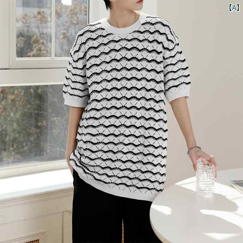 Tシャツ メンズ レディース 半袖 ラウンドネック クルーネック ストライプ 透かし編み ニットソー 柔らか 薄手 トップス カジュアル 普段着 通勤 通学 オールシーズン ホワイト putera-10373804 GRATIQUE MIEI サンプル画像2