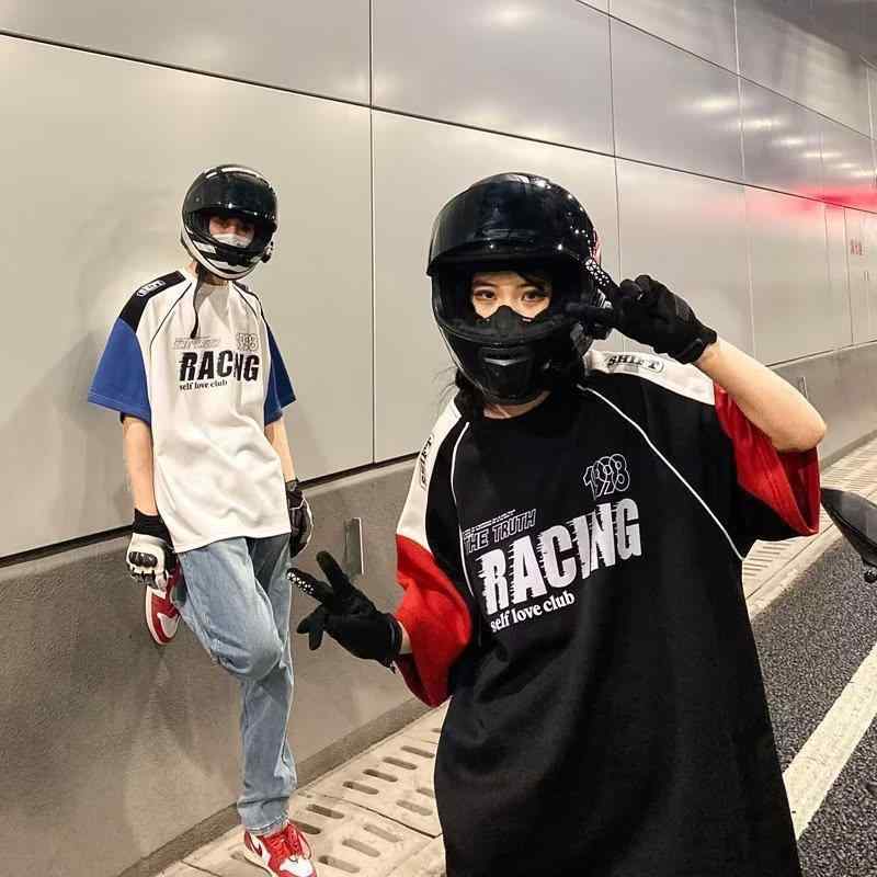 Tシャツ メンズ レディース 半袖 アメリカンレトロ 切り替え ヴィンテージ風 重厚感 レーサー モトクロス ストリート カジュアル オールシーズン