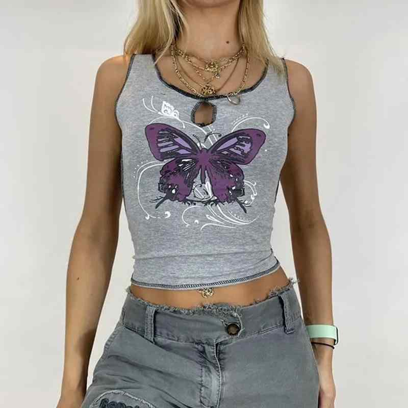 キャミソール レディース Y2K 蝶柄 へそ出し ショート丈 セクシー トップス・カテゴリ: Tシャツ・スタイル: プルオーバー、ストリート・素材名: CVC・素材: 綿、ポリエステル・素材構成比: 綿50-70%、ポリエステル30-50%・柄: プリント・袖丈: ノースリーブ・工法: プリント/捺染・フィット感: タイト・着丈: ショート（40-50cm）・ネックライン: クルーネック・トレンド: プリント・カラー: グレー・サイズ展開: S、M、L・スタイルタイプ: ストリートファッション