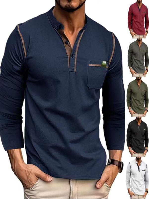 Tシャツ メンズ 長袖 ヘンリーネック トップス 欧米風 配色 ステッチ 秋冬 カジュアル 通勤 通学 インナー ゆったり オーバーサイズ 綿混 シンプル 無地
