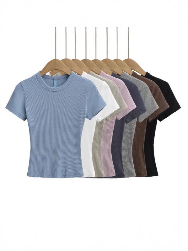 Tシャツ レディース ラウンドネック 半袖 リブ編み スリムフィット 伸縮性 ベーシック 夏用 インナー 着回し シンプル カジュアル 無地 着心地良い・素材: コットン混紡・主素材: モダール・柄: 無地・スタイル: プルオーバー・袖丈: 半袖・製法: パッチワーク・フィット感: スリムフィット・着丈: 50-65cm・ネックライン: クルーネック・袖の形状: レギュラー・デザイン: スリム・カラー: ライトグレー、ミスティブルー、ベージュグレー、ココアブラウン、グラファイトグレー、ライトピンクパープル、クラウドホワイト、ブラックオニキス・サイズ展開: S、M、L・スタイル: スウィート＆スパイシー・混率: 90-95%・カテゴリ: Tシャツ