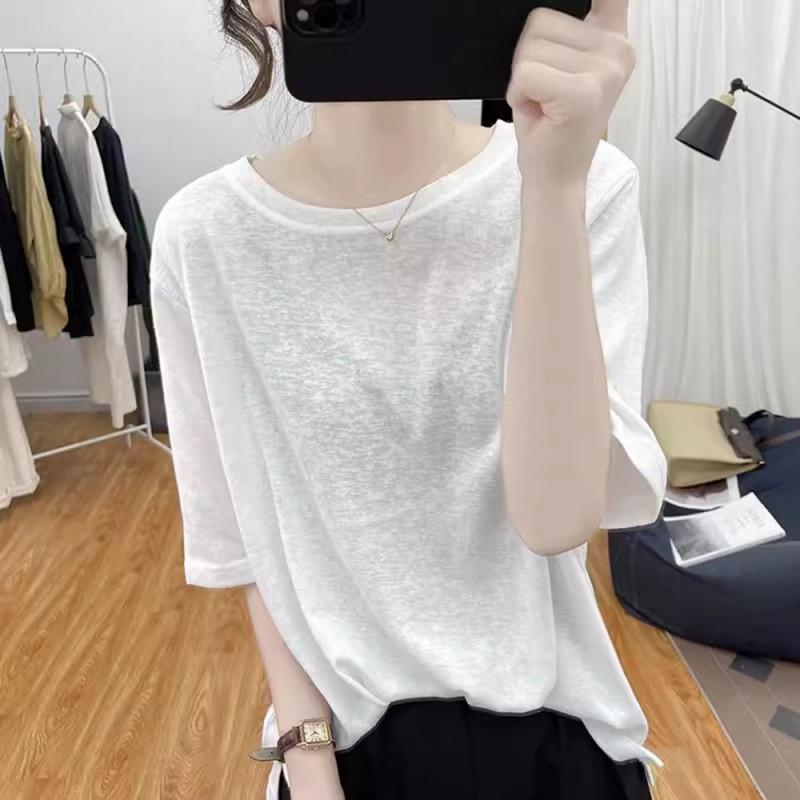 Tシャツ レディース 半袖 クルーネック ゆったり リネン混 スラブコットン トップス 薄手 通気性 韓国風 レトロ ヴィンテージ風 春夏 普段使い カジュアル インナー ビッグシルエット 涼しい 肌触りよい