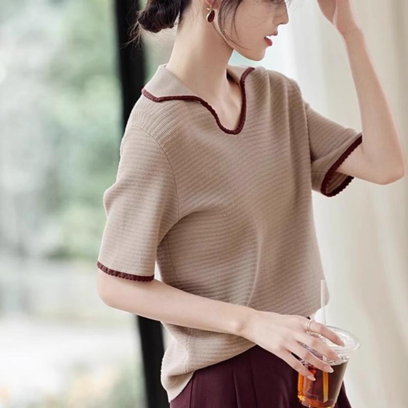 トップス レディース カットソー 半袖 襟付き 配色 レトロ シンプル デザイン性 若見え 夏 韓国風 大人かわいい カジュアル クルーネック デイリー オフィス 通勤 通学