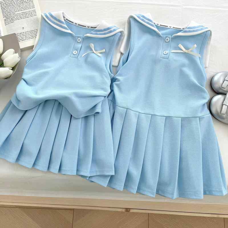 セットアップ キッズ 女の子 春夏 シャツ プリーツスカート ベスト ワンピース スクール風 リボン お出かけ 普段使い 通学 かわいい おしゃれ