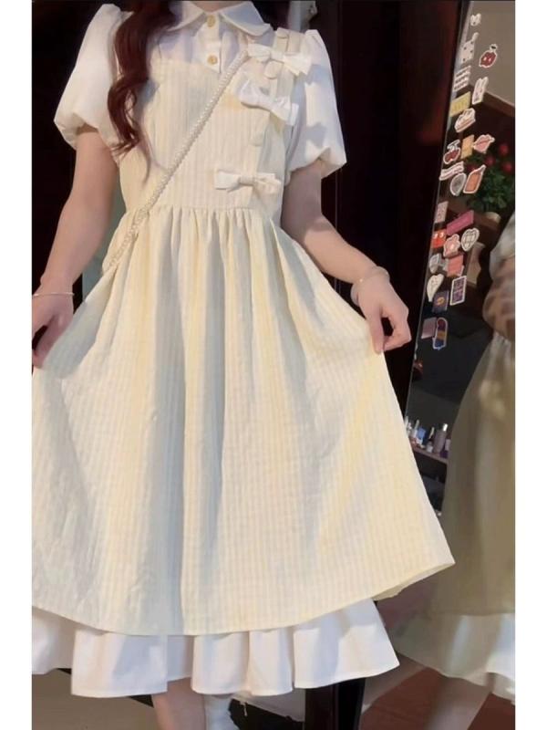 ワンピース レディース 春夏 スクール風 日系 文芸風 レトロ かわいい スイート 爽やか 上品 レディライク ウエストマーク 着痩せ フレア ミモレ丈 エレガント きれいめ デート お出かけ カジュアル ガーリー・カテゴリ: ワンピース・スタイル: Aライン、フェミニン、スクール風・素材: ポリエステル90-95%・柄: 花柄・組み合わせ: フェイクレイヤード・スカート丈: ミモレ丈・タイプ: フェアリードレス・ネックライン: ポロネック・袖の形: パフスリーブ・袖丈: 半袖・ウエスト: ミドルウエスト・流行要素: パステルカラー・カラー展開: イエロー、グリーン・サイズ展開: S, M, L, XL