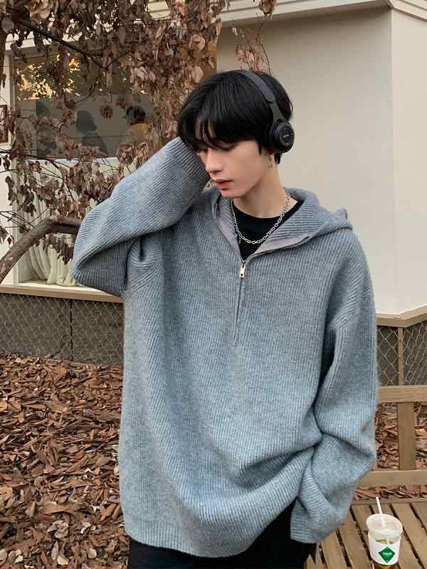 ニット メンズ ハーフジップ フード付き 長袖 ゆったり ビッグシルエット カジュア...