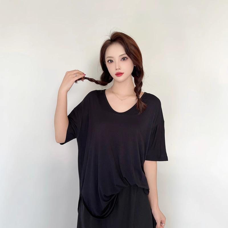 Tシャツ レディース カットソー 半袖 五分袖 モダール Vネック トップス インナー 無地 プルオーバー チュニック ゆったり 大きいサイズ 伸縮性 通気性 軽量 薄手 普段使い カジュアル リラックス ルームウェア 春夏