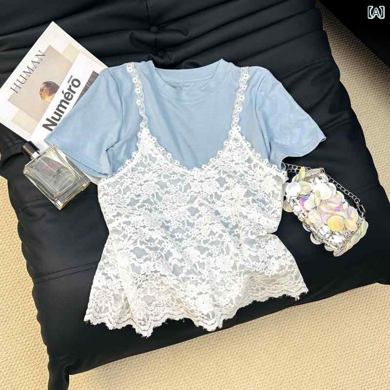 Tシャツ レディース 春夏 半袖 トップス カットソー 重ね着 風 レース キャミソール アンサンブル カジュアル かわいい 韓国風 フェミニン 細見え クルーネック プルオーバー 通勤 デート 普段使い 伸縮性 ストレッチ 薄手 快適 putera-10392856 GRATIQUE MIEI サンプル画像2