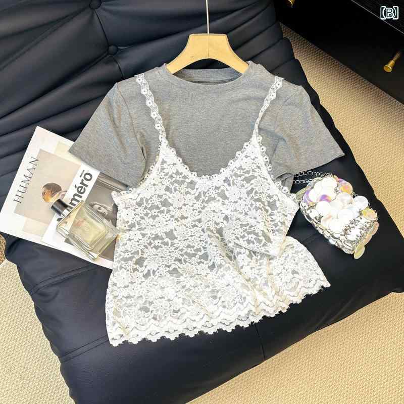 Tシャツ レディース 春夏 半袖 トップス カットソー 重ね着 風 レース キャミソール アンサンブル カジュアル かわいい 韓国風 フェミニン 細見え クルーネック プルオーバー 通勤 デート 普段使い 伸縮性 ストレッチ 薄手 快適 putera-10392856 GRATIQUE MIEI サンプル画像3