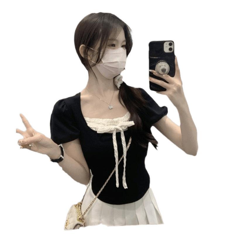 Tシャツ レディース 半袖 トップス カットソー スクエアネック フレンチガーリー バレエコア ショート丈 スリム フィット タイト プルオーバー 伸縮性 薄手 インナー 重ね着 無地 カジュアル シンプル フェミニン 韓国風 通学 通勤 春夏