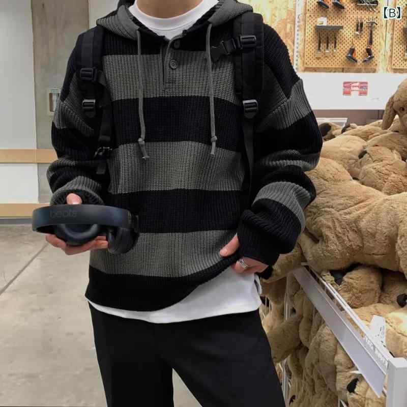 GRATIQUE MIEIのニット セーター メンズ プルオーバー レトロ 切り替え ヴィンテージ風 アメリカン カジュアル ストリート 港風 ゆったり ビッグシルエット 伸縮性 防寒 トップス 普段使い 通学｜アングル3