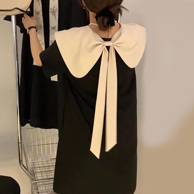 ワンピース レディース 春夏 半袖 ひざ丈 膝丈 aライン 2way 前後着用 リボン 襟付き バイカラー 大きいサイズ ゆったり 体型カバー 着痩せ おしゃれ きれいめ カジュアル フェミニン お出かけ 普段使い 通勤 通学 デート 旅行 サマードレス