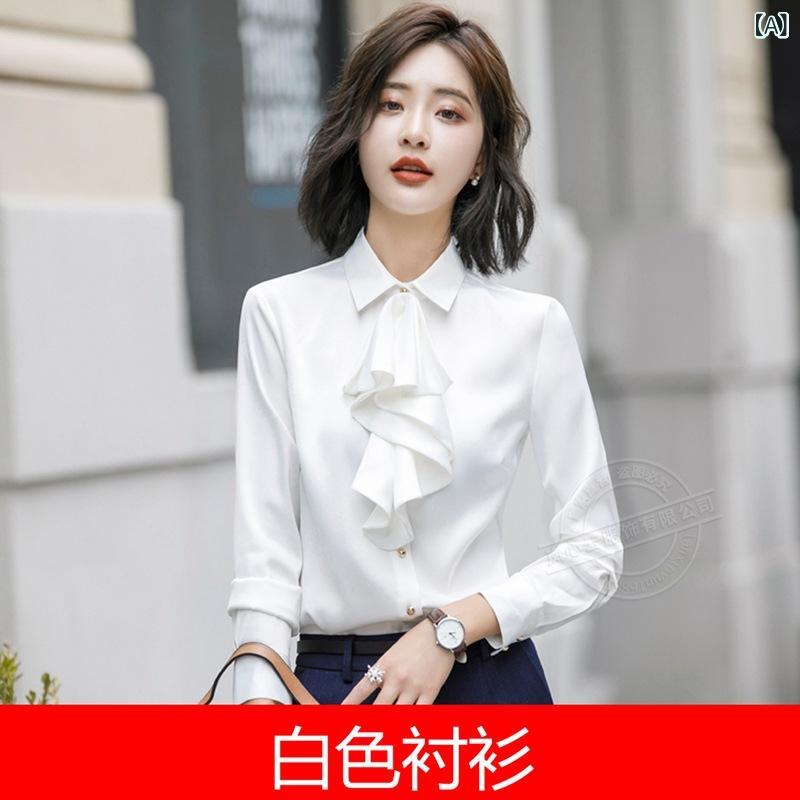 シャツ レディース 長袖 プリーツ襟 スリム ビジネス 事務服 トップス ブラウス きれいめ 細見え オフィス 仕事用 スタイル 韓国風 秋 putera-10398758 GRATIQUE MIEI サンプル画像2
