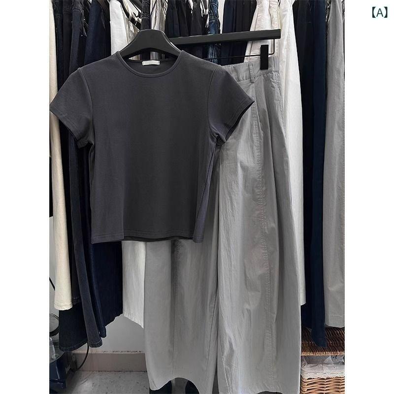 GRATIQUE MIEIのTシャツ セットアップ レディース 半袖 カットソー ワイドパンツ ロングパンツ 2点セット 上下セット ルームウェア 部屋着 普段使い カジュアル 韓国風 無地 フェミニン トップス ボトムス パンツ グレー 涼しい 快適 かわいい 春夏｜アングル2