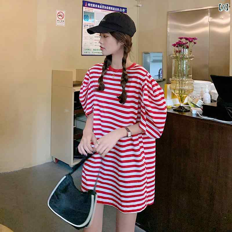 Tシャツ レディース カットソー 半袖 トップス プルオーバー チュニック ミディアム丈 ボリュームスリーブ パフスリーブ ボーダー柄 ラウンドネック 切り替え 伸縮性 カジュアル ゆったり 大きめ 普段使い 通学 お出かけ かわいい サマー 春夏 putera-10400310 GRATIQUE MIEI サンプル画像2