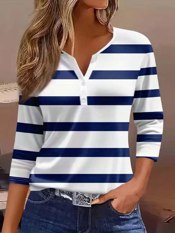 Tシャツ レディース カットソー 半袖 トップス Vネック ボタン ストライプ 縞模様 カジュアル プルオーバー 体型カバー 伸縮性 通気性 薄手 吸汗速乾 涼しい 着痩せ ファッション お出かけ 普段使い 通勤 日常 デイリー