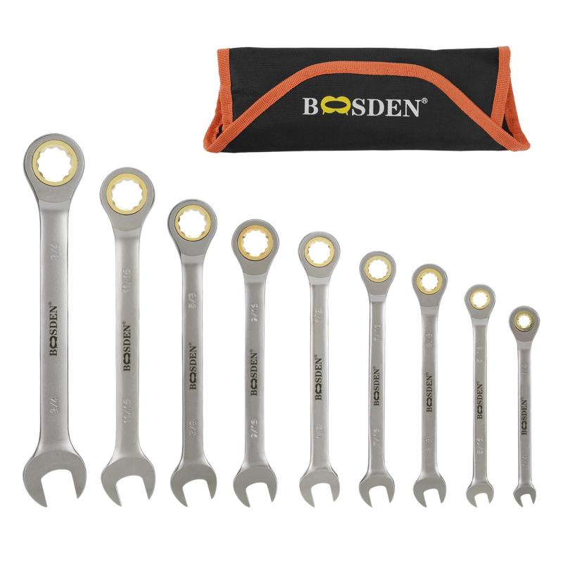 BOOSDEN ラチェットレンチ セット 9本組 SAE規格 収納ケース付き コンビネーションレンチセット 0.6〜1.9cm 両口レンチ 工具セット 車整備 DIY 工具