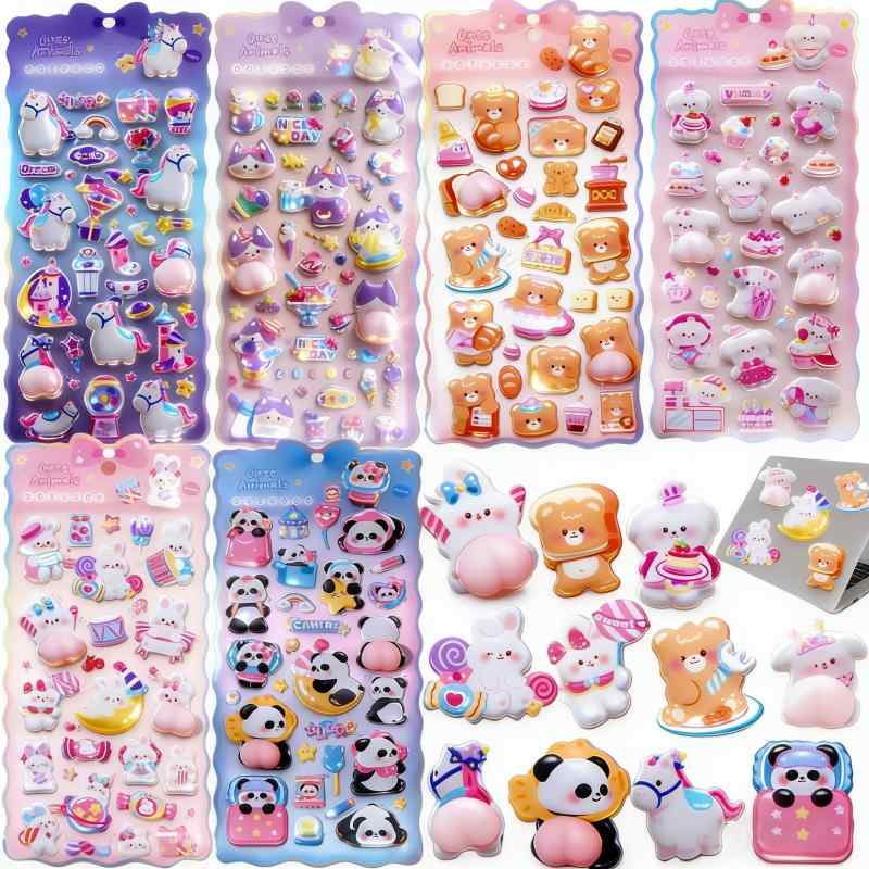 水入りシール ぷにぷに 3D立体ステッカー 6枚セット 可愛い ウォーターシール スパンコール入り キラキラ 動物 キャラクター ごほうびステッカー 手帳用 装飾 アルバム スマホケース 水筒 putera-10407607 GRATIQUE MIEI サンプル画像3