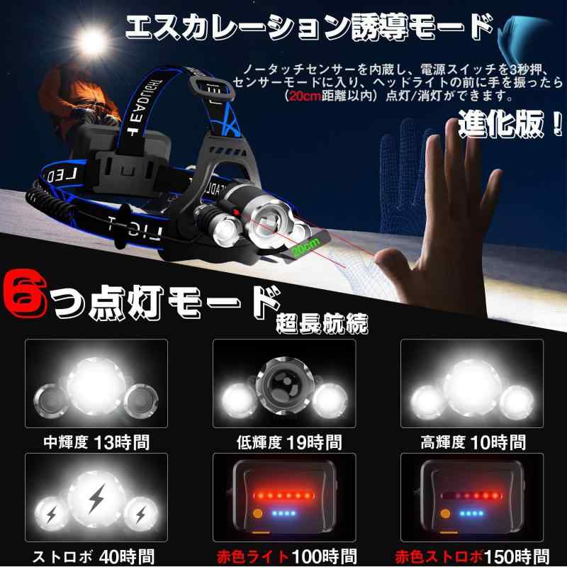 【強化版 長航続 多機能 ledライト】ヘッドライト 4種類USB充電式 ヘッドランプ 大...